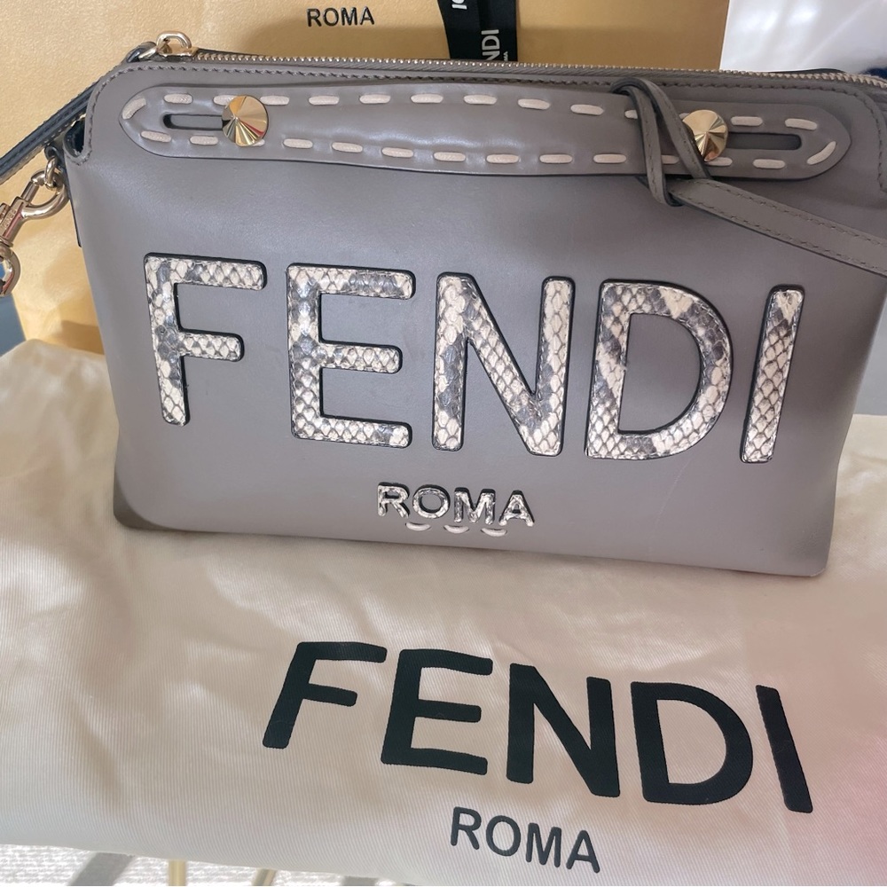 Fendi By The Way Medium Grey Leather & Python-Look Elaphe Boston Bag - Picture 2 of 14